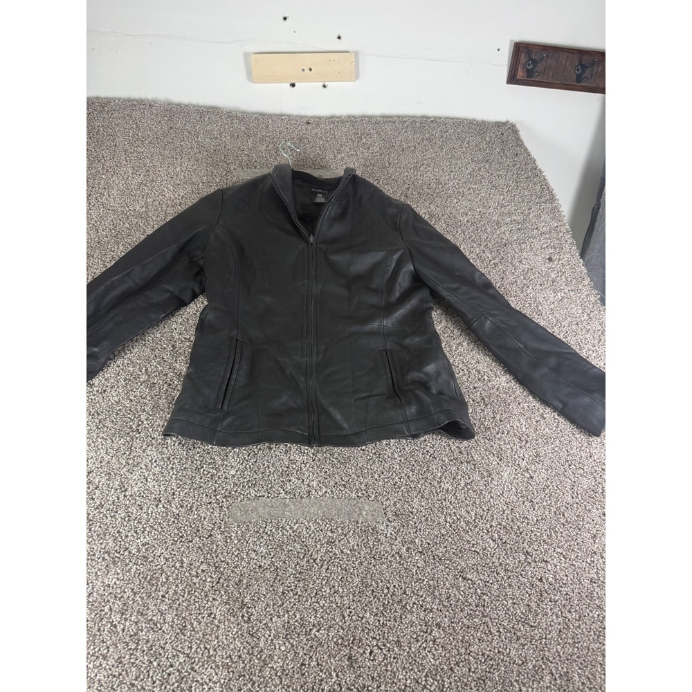 George Womens Black Genuine Leather Full Zip Mock Neck Jacket Large 12-14